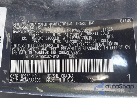 2008 Toyota Tundra Base 4.7L V8 z USA, uszkodzony, nr VIN 5TFRT54188X024810